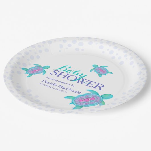 かわいいカメの水色カスタムの赤ちゃんシャワー ペーパープレート (アングル)