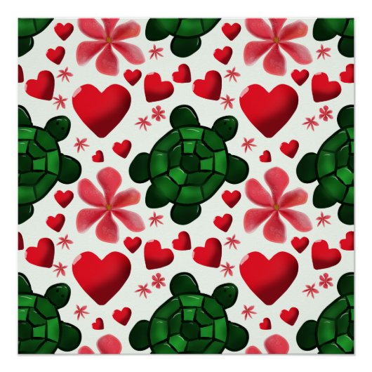 かわいいカメの花模様 | 赤い花とハート ポスター (正面)