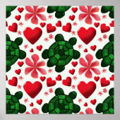 かわいいカメの花模様 | 赤い花とハート ポスター (正面)