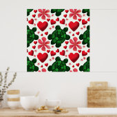 かわいいカメの花模様 | 赤い花とハート ポスター (キッチン)