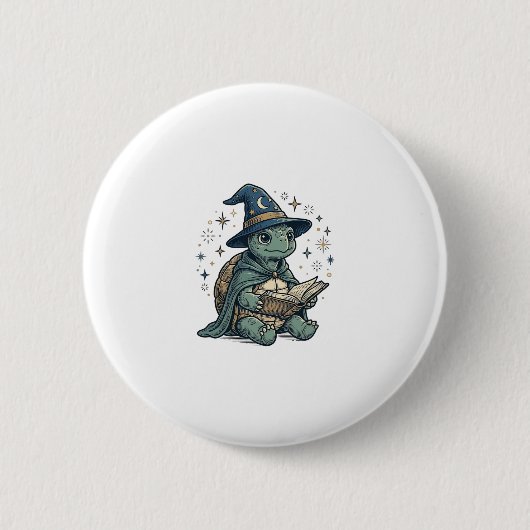 かわいいカメの魔法使いが魔法の本を読むベクター デザイン 缶バッジ (正面)