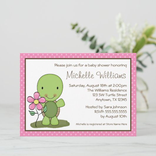 かわいいカメピンクの水玉模様ベビーシャワー 招待状 (スタンド正面)