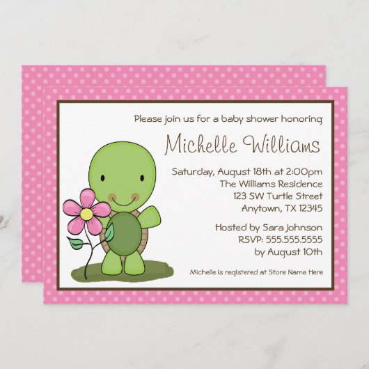 かわいいカメピンクの水玉模様ベビーシャワー 招待状 (正面/裏面)