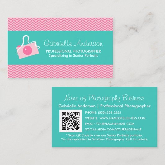かわいいカメラピンクシェブロンプロフェッショナル写真家 名刺 (正面/裏面)