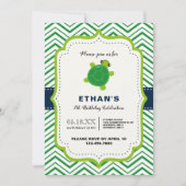 かわいいカメ 緑 青 かわいい 子供 男の子 誕生日 招待状 (正面)