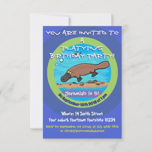 かわいいカモノハシの漫画5年の誕生日の招待 招待状 (正面)