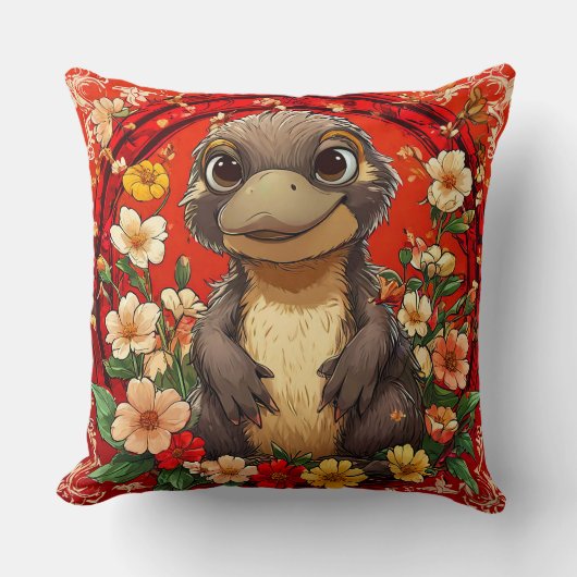 🦆🌸 かわいいカモノハシの花柄インテリアギフト ✨ クッション (正面)