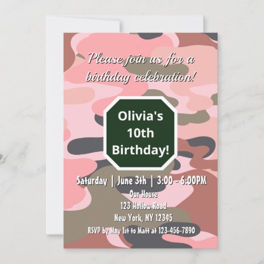 かわいいカモフラージピンク&グリーンシンプルおもしろい誕生日 招待状 (正面)