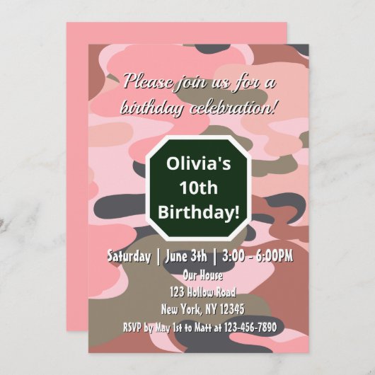 かわいいカモフラージピンク&グリーンシンプルおもしろい誕生日 招待状 (正面/裏面)