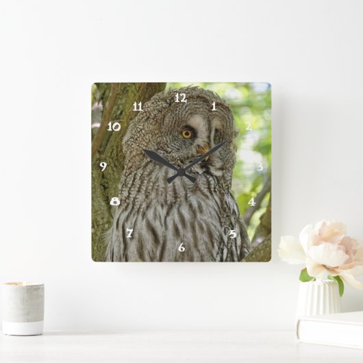 かわいいカラフトフクロウのプリントの柱時計 スクエア壁時計 (ホーム)