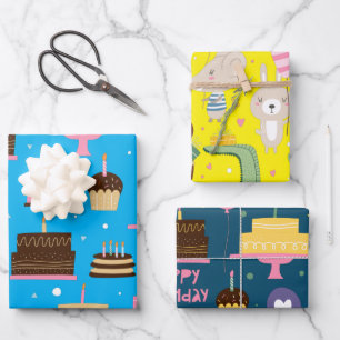 かわいいカラフルお洒落誕生日動物のパターン ラッピングペーパーシート