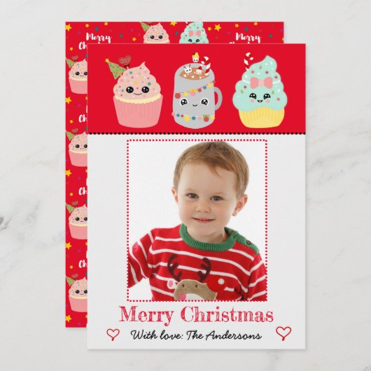 かわいいカラフルかわいいカップケーキ写真クリスマス シーズンカード (正面/裏面)