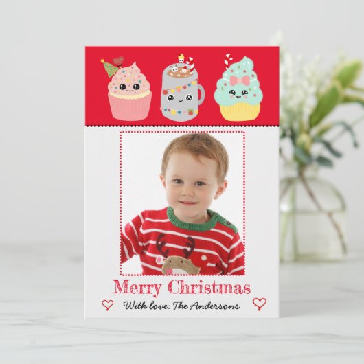かわいいカラフルかわいいカップケーキ写真クリスマス シーズンカード (スタンド正面)