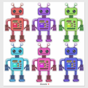 かわいいカラフルとおもしろいロボットの友達6人 シール