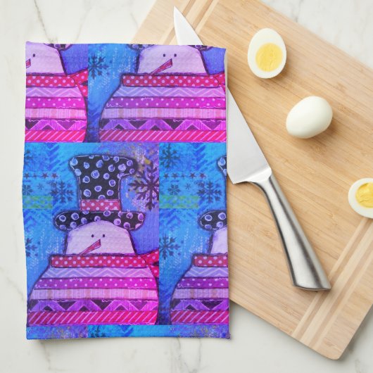 かわいいカラフルとクリスマスミックスメディア雪だるまキ キッチンタオル (四つ折り)