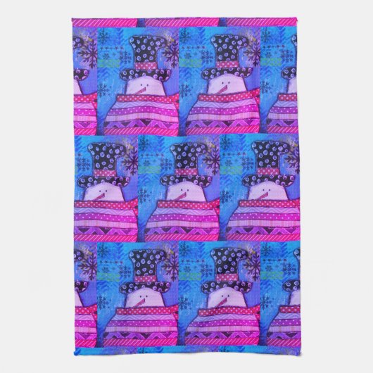 かわいいカラフルとクリスマスミックスメディア雪だるまキ キッチンタオル (縦)