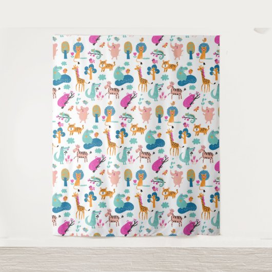 かわいいカラフルとジャングルの動物のパターン タペストリー (正面)