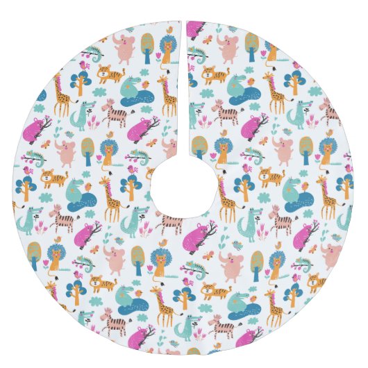 かわいいカラフルとジャングルの動物のパターン ブラッシュドポリエステルツリースカート (正面)