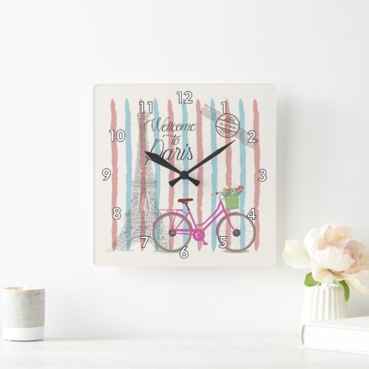 かわいいカラフルとパリへようこそ スクエア壁時計 (ホーム)