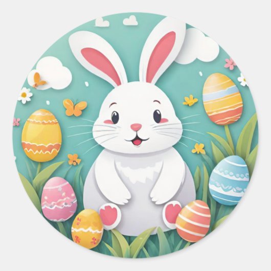 かわいいカラフルなイースターウサギの卵の丸いステッカー ラウンドシール (正面)