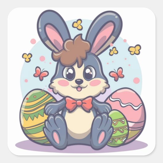 かわいいカラフルなイースターウサギの卵の四角いステッカー スクエアシール (正面)