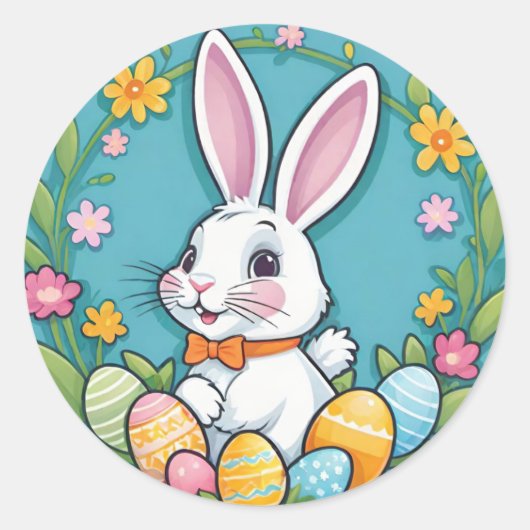 かわいいカラフルなイースターバニー花の卵のステッカー ラウンドシール (正面)