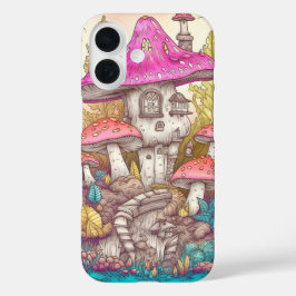 かわいいカラフルなキノコの家のアート iPhone 16ケース