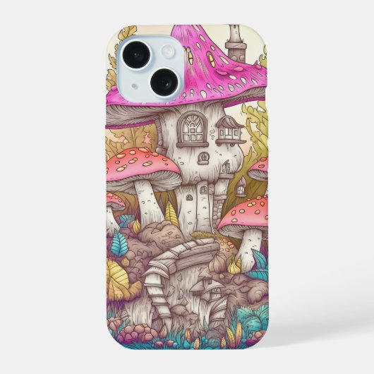 かわいいカラフルなキノコハウスのアート iPhone 15ケース (裏面)