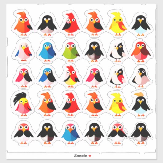かわいいカラフルなキャラクターの鳥 シール (シート)