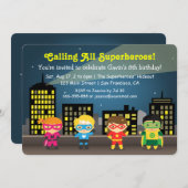かわいいカラフルなスーパーヒーローの誕生日パーティー 招待状 (正面/裏面)