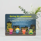 かわいいカラフルなスーパーヒーローの誕生日パーティー 招待状 (スタンド正面)