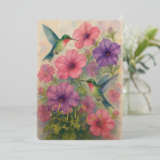 かわいいカラフルなハチドリのゴールド箔の誕生日カード 箔シーズンカード (立ち正面)