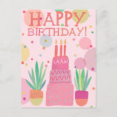 かわいいカラフルなハッピーバースデーケーキ ピンク ボールド ポップ ポストカード (正面)