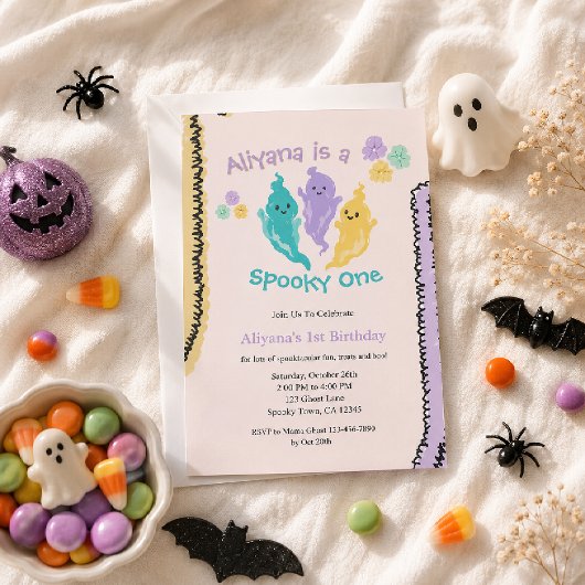 かわいいカラフルなハロウィンの1歳の誕生日 招待状