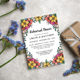 かわいいカラフルなピンクの花のリハーサルディナー 招待状