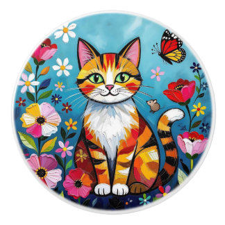 かわいいカラフルなフォークアートの猫と花 セラミックノブ