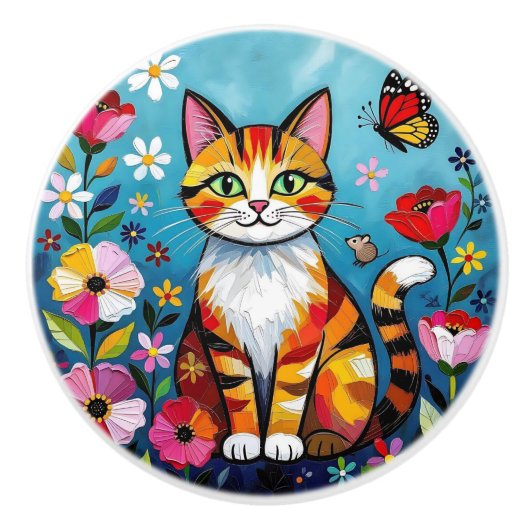 かわいいカラフルなフォークアートの猫と花 セラミックノブ (正面)