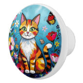 かわいいカラフルなフォークアートの猫と花 セラミックノブ (右)