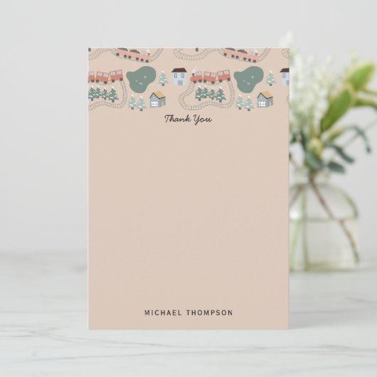 かわいいカラフルな列車の鉄道トラック子供用パターン サンキューカード (スタンド正面)