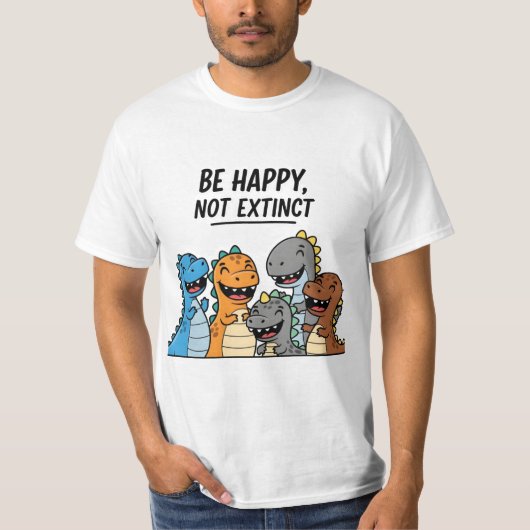 かわいいカラフルな恐竜のイラスト「絶滅するより幸せになってね」 Tシャツ (正面)