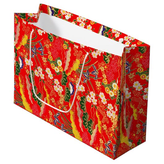 かわいいカラフルな日本の花柄 ラージペーパーバッグ (正面アングル)