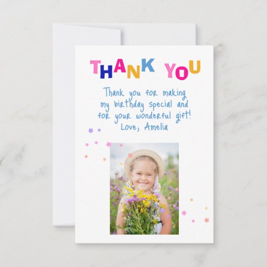 かわいいカラフルな星の女の子の写真の誕生日 サンキューカード (正面)