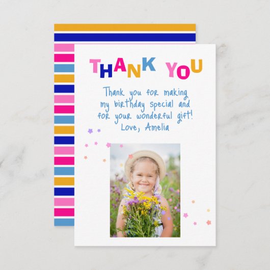 かわいいカラフルな星の女の子の写真誕生日 サンキューカード (正面/裏面)