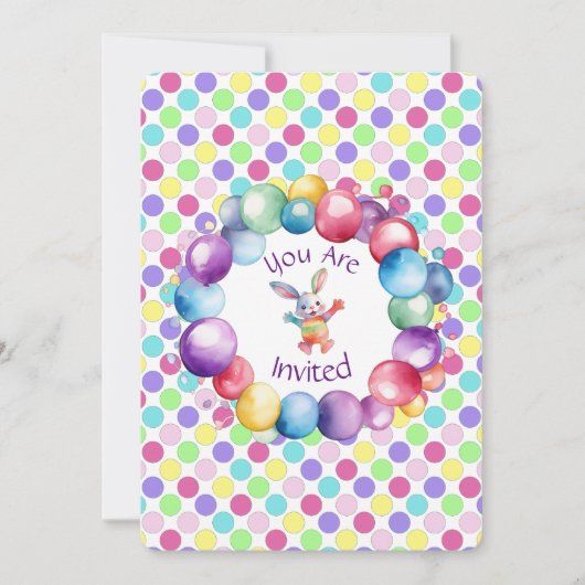 かわいいカラフルな水彩うさぎとかわいい水玉模様 招待状 (正面)
