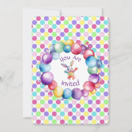 かわいいカラフルな水彩うさぎとかわいい水玉模様 招待状