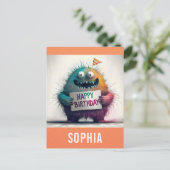 かわいいカラフルな漫画のモンスターがお誕生日おめでとう ポストカード (スタンド正面)