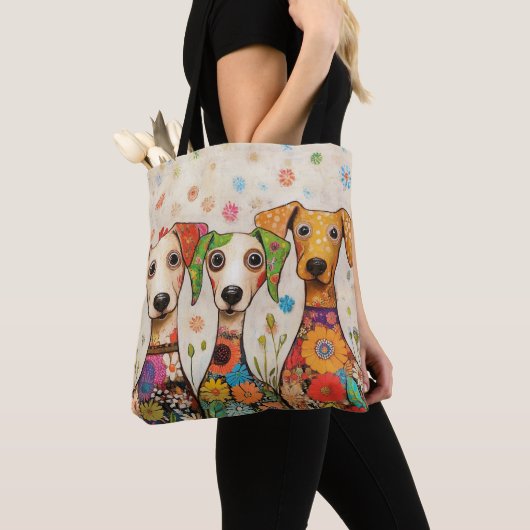かわいいカラフルな犬のデザイン トートバッグ (クローズアップ)