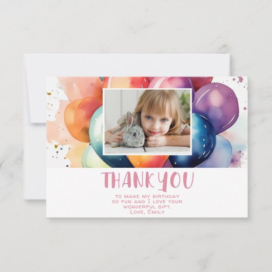 かわいいカラフルな風船 誕生日の子供の写真 サンキューカード (正面)