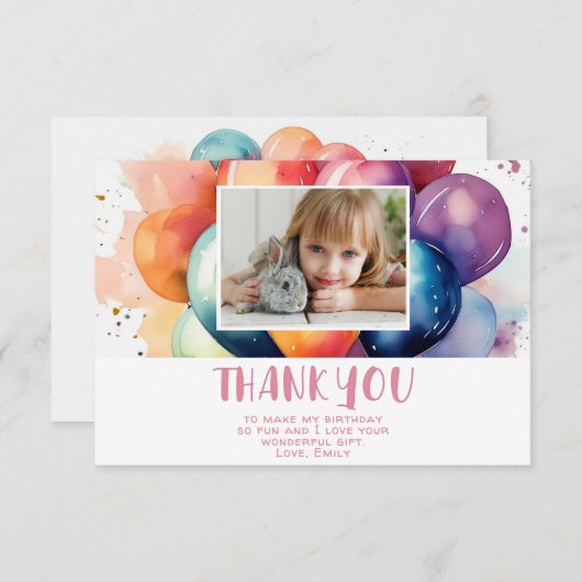 かわいいカラフルな風船 誕生日の子供の写真 サンキューカード (正面/裏面)