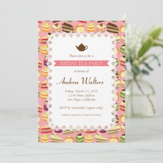 かわいいカラフルのケーキのイラストレーションの花嫁のお茶会 招待状 (スタンド正面)